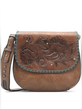 Justin Boots Brown Floral Tooled Crossbody with Turquoise Accents